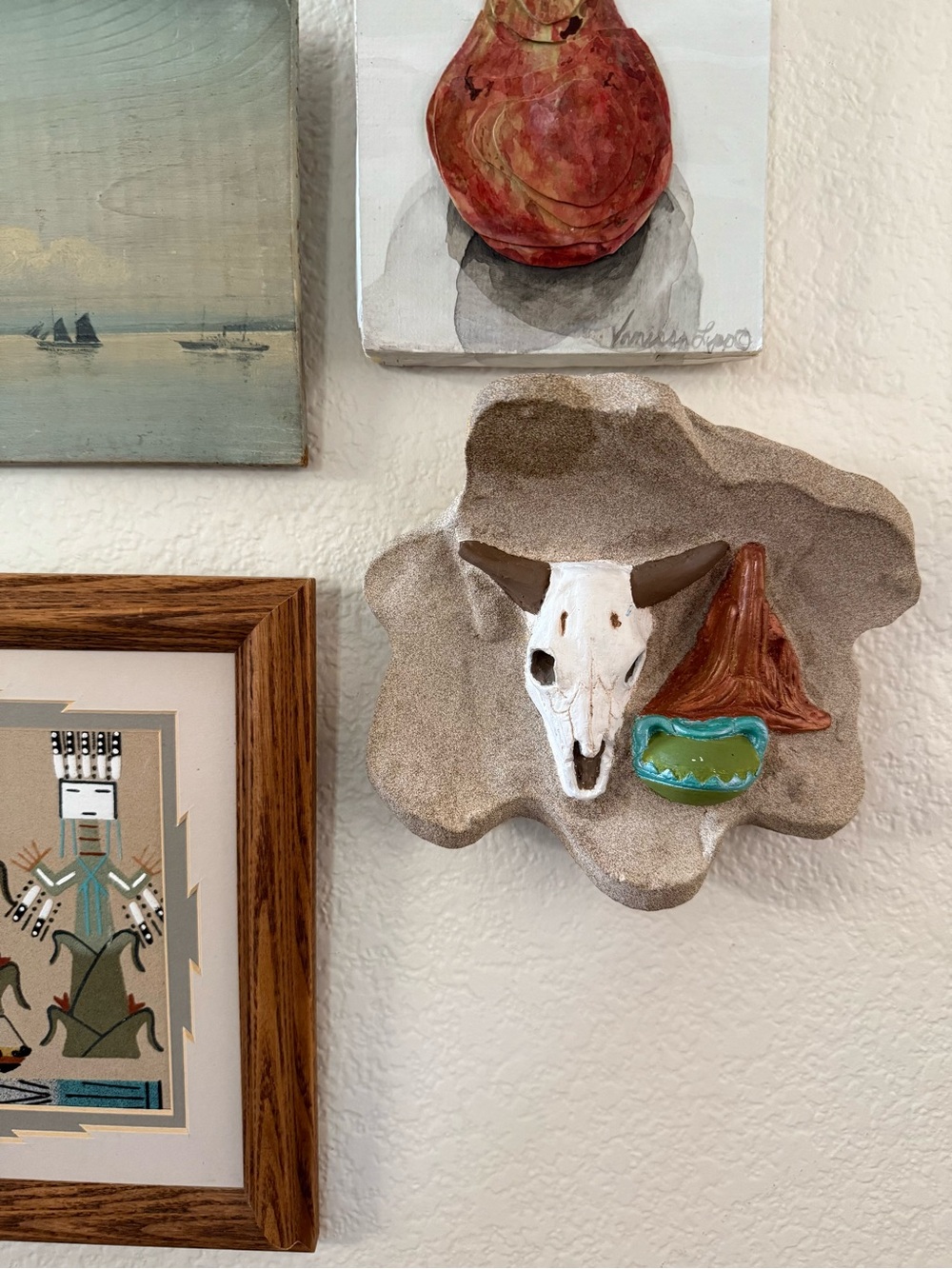 Vintage Wall Plaque with White Skull and Turquoise Accent